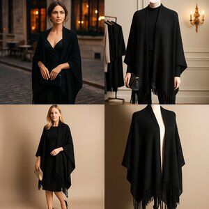 Timeless Warmth: Vintage Black Fringe Wrap by Amiee Lynn Inc. (RN#95304) – 41"